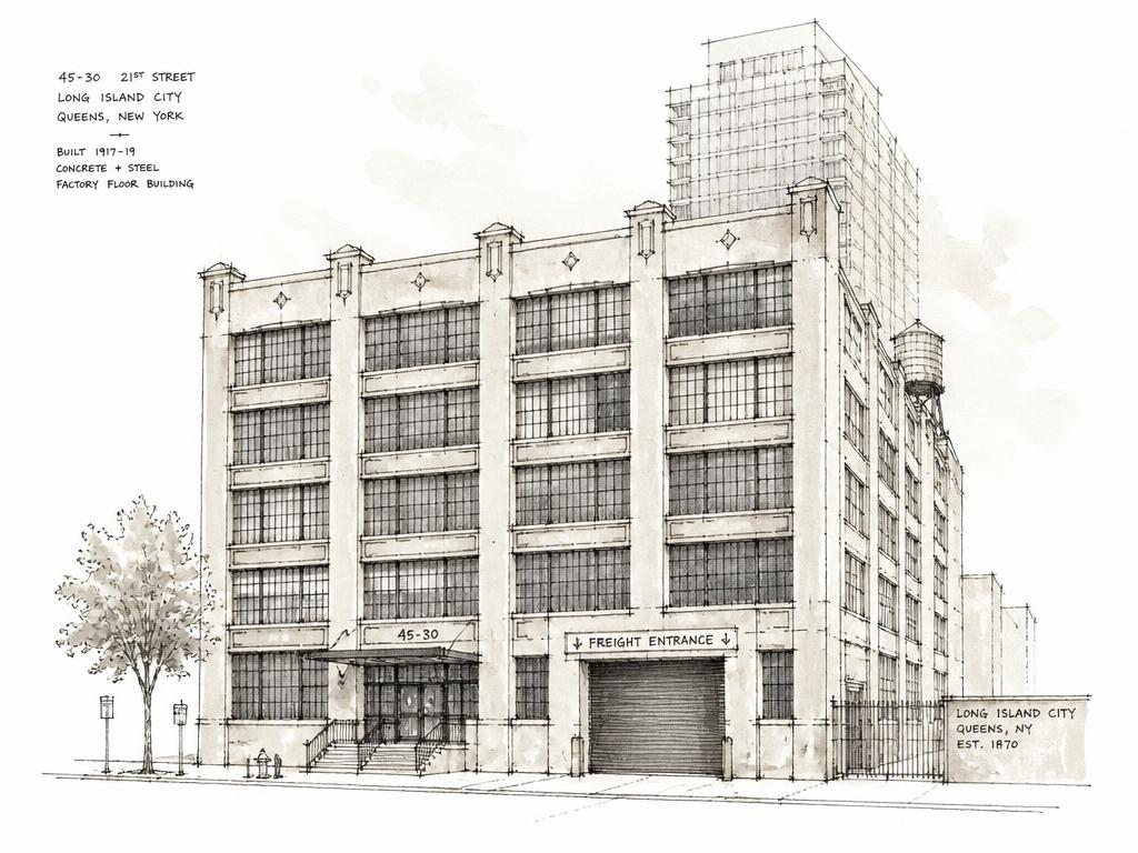 Ink sketch of a Long Island City concrete factory building