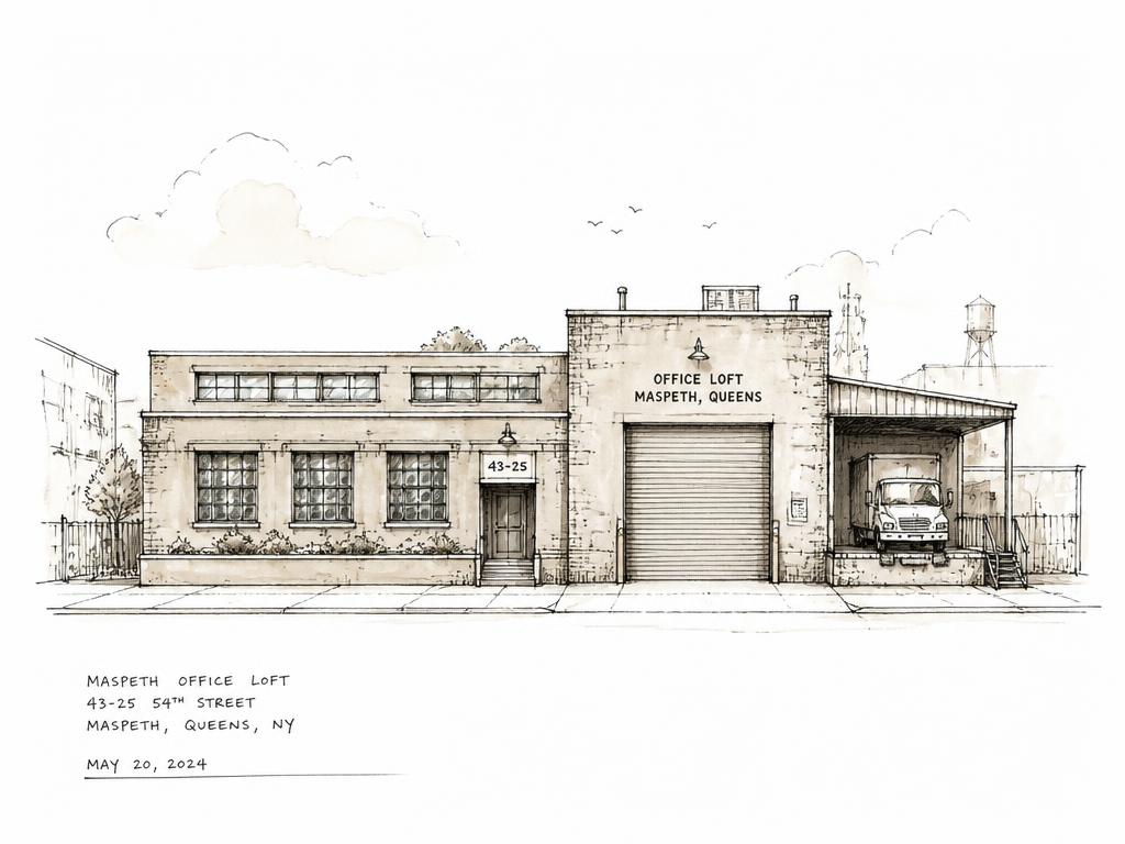 Ink sketch of a Maspeth industrial shed